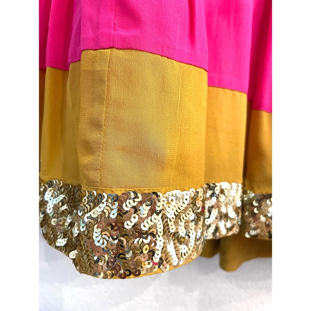 NWT Figue  Silk Crepe Colorblock Gold Sequin  Trim Midi Dress Bohemian Gypsy - Picture 11 of 16